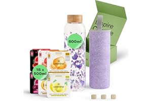 WATERDROP MICRODRINK waterdrop® Glass Starter Set – 600ml Borosilicate Glass Bottle + 18 Sugar-Free Microdrink Hydration Cubes in 6 Flavours, Vitamin C & B Infused, BPA Free Water Bottle, Gift Set