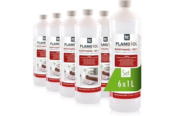 Höfer Chemie FLAMBIOL® Bioéthanol 6 x 1 L Ultra Pur 100% - Combustible Écologique pour Cheminées de Table et Poêles en Acier Inoxydable, Combustion Propre et Inodore