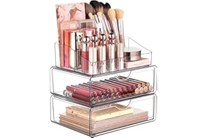 Vtopmart 3 Tier Clear Makeup Organizer with Drawer, Cosmetic Storage for Dresser Countertop and Bathroom Vanity, Beauty Holder for Lipstick Brush Skincare