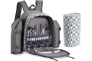 VonShef Picnic Backpack, 4 Person Grey Picnic Bag with Full Dining & Cutlery Set, Insulated Cooler Compartment & Large Waterproof Picnic Blanket, Lightweight Water Resistant Camping Accessories