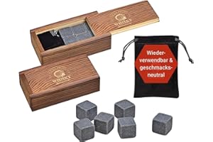 WOMA Whisky Steine Set I 6 Kühlwürfel aus Basalt inkl. Samtbeutel & hochwertiger Holzbox I Wiederverwendbare Eiswürfel für Whiskey Wodka Gin Rum Tequila & Cocktails