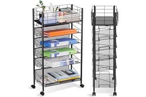 SHRIVEE Rolling File Cart with Wheels, 6 Tier Metal Rolling File Organizer Cart Beside Desk,Mobile Book Carts with Wheels for Office Home School Library Teacher Classroom, Black