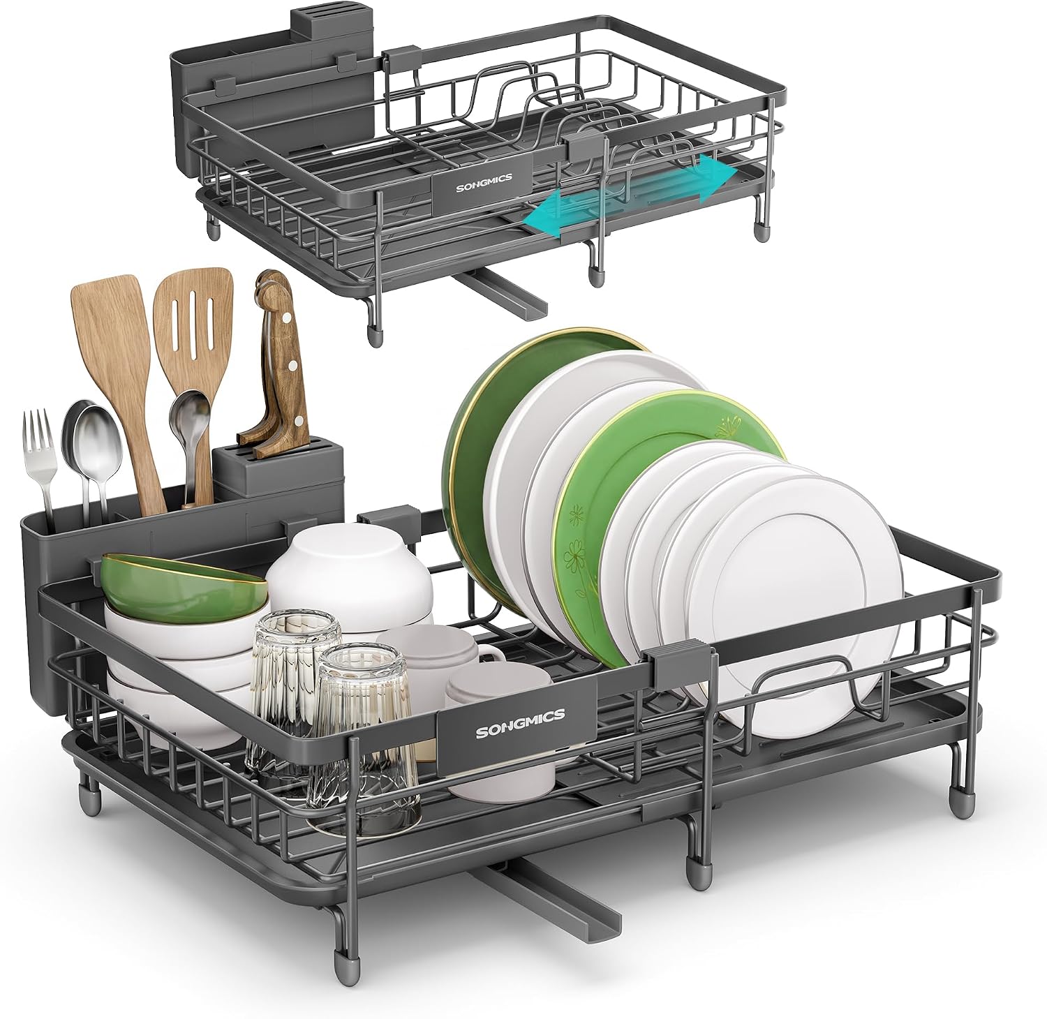 SONGMICS Escurreplatos para Espacios Reducidos, Escurridor de Platos de Cocina Extensible, Boquilla Extensible y Giratoria 360°, Acero, (30,2-46,5) x 29,6 x 14 cm, Gris Antracita KCS556GT01