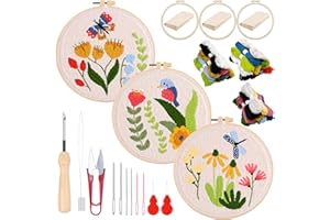 Woohome DIY Needle Punch Handwerk Stickerei, Punch Needle Set für Anfänger, Sticktuch mit Muster, Stickrahmen Fäden, Anleitung (Schmetterling, Libelle und Vogel)