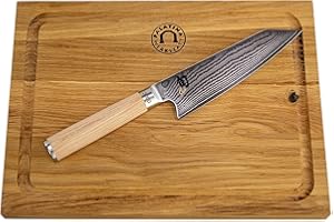 Palatina Werkstatt ® Kai Shun Classic White Kiritsuke DM-0777W Couteau de cuisine, lame de 15 cm, en acier damassé, 32 couches, avec planche à découper en bois de chêne faite à la main, 30 x 22 cm -