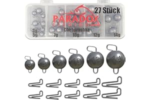 ‎PARADOX FISHING Paradox Fishing Cheburashka Blei Set I 27 Bleie (3g/5g/7g/10g/12g/14g) je 4/5 Stück mit Box (59 teilig) I für Offset Haken - Dropshot Blei Drop Shot Jigköpfe
