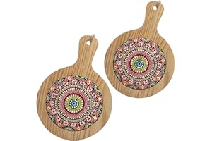 ChicHouse Set 2pcs mini taglieri da cucina in legno con manico ideali per piccoli antipasti, formaggi, salumi o come salva superfici e sottopentola. (2, Fiore turchese, Rotondo 20.5x14.5x1 cm)