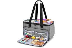 YARWO Bolsa de Labores, Bolsa Portátil de Ovillos con Funda Transpatrentes para Labores de Tejer, Agujas de Tejer Circulares y Rectas, Ovillos de Lanas y Accesorios de Tejer, Gris con Patrón Ovalado.