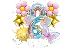XIONGHONGLONG 10 Stück 6 Jahre Luftballons Geburtstagsdeko Mit Schmetterling & Sonne, 6. Geburtstag Folienballon, Kindergeburtstag Deko Geschenke Für Jungen Und Mädchen Für Kinderparty & Geburtstagsfeier