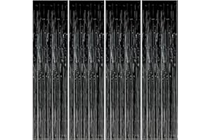 FODLON 4pcs Cortinas de Flecos Láminas, 1m x 3m Cortina Metálica Fiesta, Negro Cortinas de Oropel Metálico, Autoadhesivas Franjas Decoración Fondo para Fiesta Regalos Cumpleaños,Bailes,Bodas,Navidad