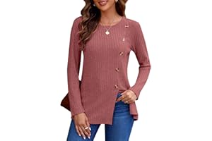 AUSELILY Damskie swetry dla kobiet UK topy z długim rękawem lekkie luźne na co dzień jesień zima tunika swetry okrągły dekolt koszule guziki boczne