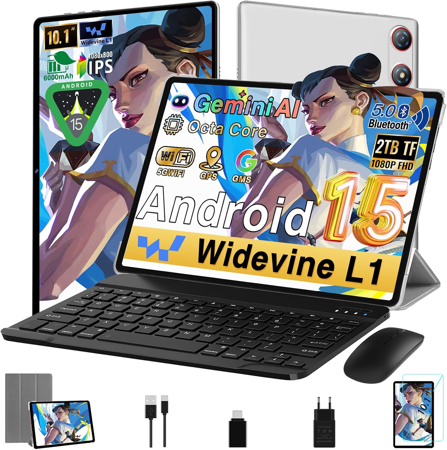 UJJ Tablet 10 Pulgadas Android 15, 64GB ROM + 2TB TF, Gemini AI, Octa-Core, 5G WiFi 6, Widevine L1, GMS, Bluetooth 5.0, 5MP+ 8MP, 3.5mm Audio, 1280 * 800 FHD IPS, Tablet con Teclado y Ratón, Plateado