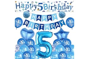 Sroeeshee 5th Birthday Decorations Boys - Blue Large Happy 5th Birthday Yard Banner, Stars Number 5 Foil Balloons and Paper Pompoms for 5 Year Olds Party