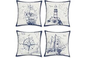 Bonhause Federe per Cuscini Nautico Barca a Vela 45x45cm Copricuscini Decorativi Bussola Navigazione Poliestere Biancheria Federa per Cuscino Divano Letto Casa Decorazione Set di 4