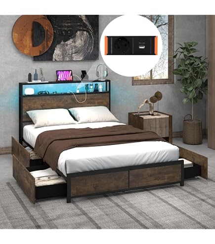 COSTWAY Banc Ottoman Industriel Rangement - Coffre Bois 2 Tiroirs + Coussin, 150 Kg, Marron Rustique