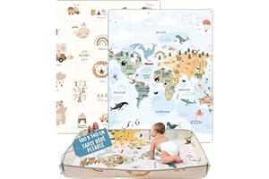 HuBorns - Tapis Bebe Pliable 180x140 cm, Tapis d'Eveil Bebe Reversible avec Bord Renforcé pour Plus Sécurité, Tapis de Jeux Bebe Epais avec Protection Anti-Chute, Tapis Exterieur Lavable (CARTE M)