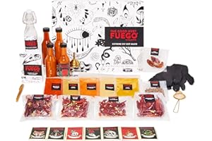 The Good Hurt Fuego by Thoughtfully, juego de salsa picante de bricolaje extremo, 5 variedades de pimienta, especias y embudo, botellas, colador, bolígrafo y más, kit para hacer salsa