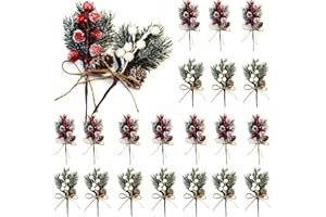 HanOBC 20 tallos de bayas rojas y blancas de 15 cm, púas de pino artificiales, ramas de Navidad, púas florales y aerosoles, púas florales de invierno para guirnalda, corona, decoración de Navidad