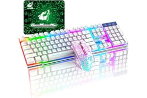 URCHOICELTD T3 Juego de teclado y ratón inalámbricos 2.4 G recargable de tacto mecánico impermeable con retroiluminación arco iris +2400 DPI ópticos de arco iris LED Ratón para juegos+Alfombrilla de ratón(Blanco)