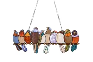 Bieye W10002 Tiffany Style Stained Glass Tropical Birds Window Panel with Pendant Chain, 19-inches Wide (10 Birds)