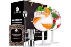 VEMACITY Verre Gin Tonic pour les Amateurs de Gin - Lot de 2 Verre G&T Faits à la Main. Livre Électronique de Recettes Gratuit | Cuillère à Cocktail en Argenté, Doseur Double Face et Grands Verres Cocktail