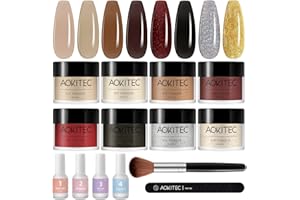 Aokitec 14 Pezzi Polvere da Immersione Kit Starter per Unghie 8 Colori, Set di Liquido Dip Powder in Acrilico Nero Bianco Pastello Glitter con Base Top Coat Pennello Arte Manicure Salone Fai da Te
