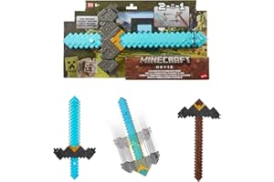 Mattel Minecraft Sword and Pickaxe 2-in-1 Toy, Button-Activated Click and Switch Role-Play Accessory Inspired by A Minecraft Movie, JFR72