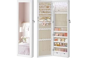 SONGMICS Specchio Portagioie con 6 Luci a LED, Alto 120 cm, Armadietto Portagioie da Parete o Porta con Chiusura e Specchio, 2 Cassetti, 10 x 37 x 120 cm, Natale, Bianco e Cappuccino Beige JJC093W01