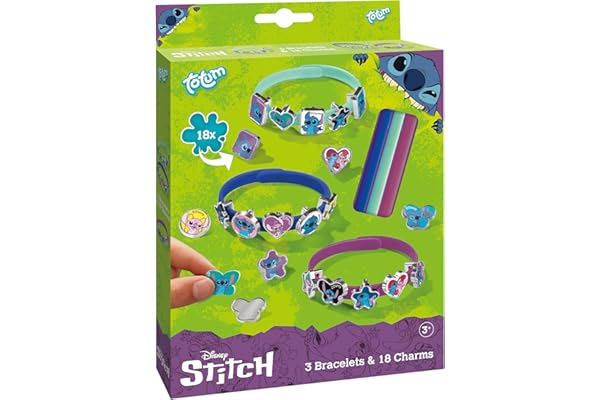 TM ESSENTIALS Stitch Lot de 18 bracelets pour enfants - Bracelets jaunes, bleus et rouges pour créer votre propre créativité - Plaisir de bijoux unique avec de jolis motifs Stitch, 14 Cm, Caoutchouc,