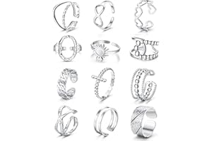 Adramata 12 Pcs Bague Femme Acier Inoxydable Bague Rétro Vintage Réglable Bague Empilable Ensemble Ouvert Argent/Or Bague pour Fille