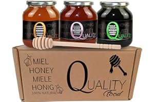 QUALITY ROASTERS COFFEES Miel pura de abeja 100%. Miel cruda sin pasteurizar ni calentar. Pack regalo y degustación 3x500g. Tarro de cristal. Origen España. Regalo: dispensador de madera.