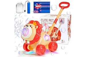 Goenb Máquina de Burbujas Automática, Hinchador de Burbujas Recargable Jirafa León Mover Césped Soplador de Burbujas con Luz LED para Niños