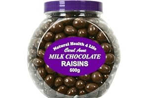 Natural Health 4 Life Carol Anne Milk Chocolate Raisins 500g – Chocolate Covered Raisins in Recyclable Gift Jar, Vegetarian Snack for Parties, Baking & Gifting, Made in UK (1 Jar)
