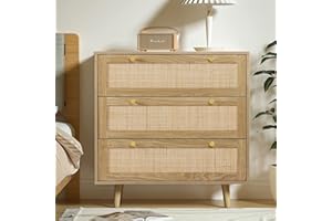 Yvsevnr Natürliches Rattan Kommode Schlafzimmer, Kommode mit 3 Schubladen Eiche, Viel Stauraum, Holz Schubladenkommode für Schlafzimmer Wohnzimmer Flur Komodenschrank