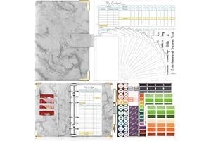 Onlyesh 31PCS Raccoglitore Documenti A6, 6 Fori Pelle PU Budget Planner con 12 Buste Trasparenti, Fogli di Budget & Etichette Adesive, Marmo Grigio
