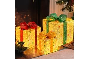Tefelan Juego de 3 Cajas de Regalo Navidad LED, Cajas de Regalo Navidad con Luces con Control Remoto, 8 Modos de Iluminación para Decoración Navideña Exterior e Interior