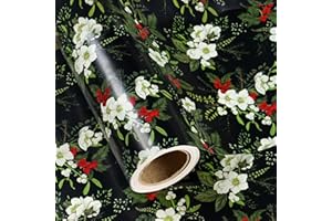 RUSPEPA Carta Da Regalo Natalizia - Mini Rotolo - 43,2 Cm X 10 M - Carta Da Regalo Floreale Bianca Con Foglie Verdi E Bacche Rosse Per Natale, Feste E Celebrazioni