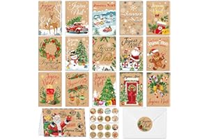 HOWAF 16 Carte de Noel avec Enveloppe et Autocollant, Carte Joyeux Noel Carte de Voeux Noel en Papier, Cartes de Noel, Carte Noel, Autocollant Noel Stickers Noel pour Cadeau Noel, Cadeaux Noel