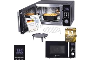 Sommertal 4in1 Mikrowelle Schwarz - Grill, Heißluft-Fritteuse, Konvektion -2200 W, 8 Programme, 60 Min Timer, Kindersicherung, Express-Start, Rost, Crisp-Pfanne, Touch-Display, MW2200