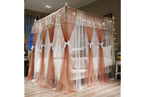 Joyreap Luxury 4 Corners Post Canopy Bed Curtains - Coral & White Cozy Drape Netting - Cute Princess Bedroom Decoration Accessories(Reddish Brown, 47" W x 78" L, Twin)