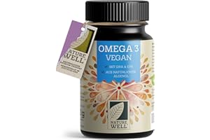 ‎NATUREWELL Omega-3 Vegan 60 Kapseln hochdosiert, 2000mg Omega-3 Algenöl pro Tag mit 600mg DHA & 300mg EPA, veganes Omega aus nachhaltigem Anbau als Fischöl-Alternative, laborgeprüft mit Zertifikat, NatureWell