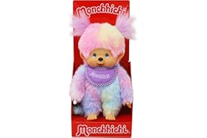 Sekiguchi 242153 - Original Monchhichi Mädchen, Plüschfigur mit Lätzchen und Zöpfen, ca. 20 cm großes Kuscheltier aus buntem Plüsch