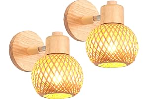 iDEGU Lot de 2 Appliques Murales Intérieures Bohème Réglable Lampe Murale en Bambou et Bois Rétro E27 Luminaire Abat-jour Rotin Applique Vintage pour Chambre Salon Couloir Restaurant (13cm)