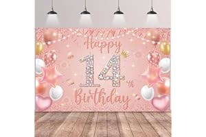Aurmonigo Happy 14th Birthday Decorations - Pink Rose Gold Decoration Backdrop Photography Background, Fabric Sign Poster for 14 Years Old Girls Birthday Party Supplies