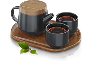 ‎ARENDO Arendo - Teeservice Set, Keramik Teekannen Set, Teekanne Porzellan, Japanische Teekanne mit Teesieb 0,6 Liter, Teekanne mit Deckel Untersetzer 2 Tassen und Tablett