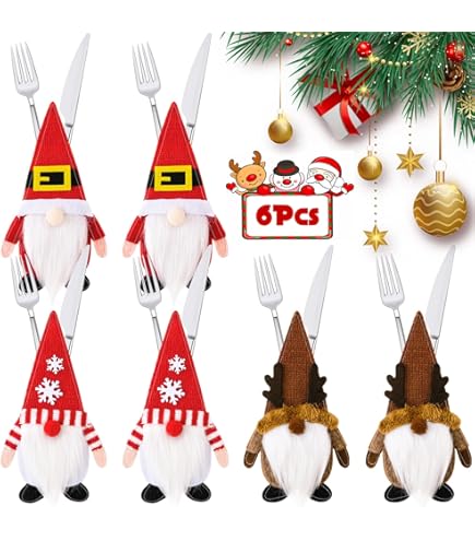 FUKPO 12 Pièces Porte Couvert Noel Deco, Porte Couverts Noël Table Decoration, Range Couvert Noel Gris Décoration Table Noel Sapin Flocon De Neige Étoiles