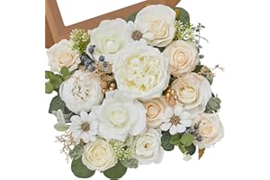 Serwalin Artificial Flowers White Cake Flowers for Wedding, Silk Flowers Cake Decoration, Fake Flowers for Centerpieces Bouquets White Roses Peonies Real Touch Flowers, Bridal Shower DIY