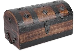 Ajuny Handcrafted Wooden Pirate Treasure Chest - Vintage Keepsake & Decorative Storage Box with Shell Strips, Large Jewelry & Trinket Holder Organizer Home Decor Gift 11x6 Inch
