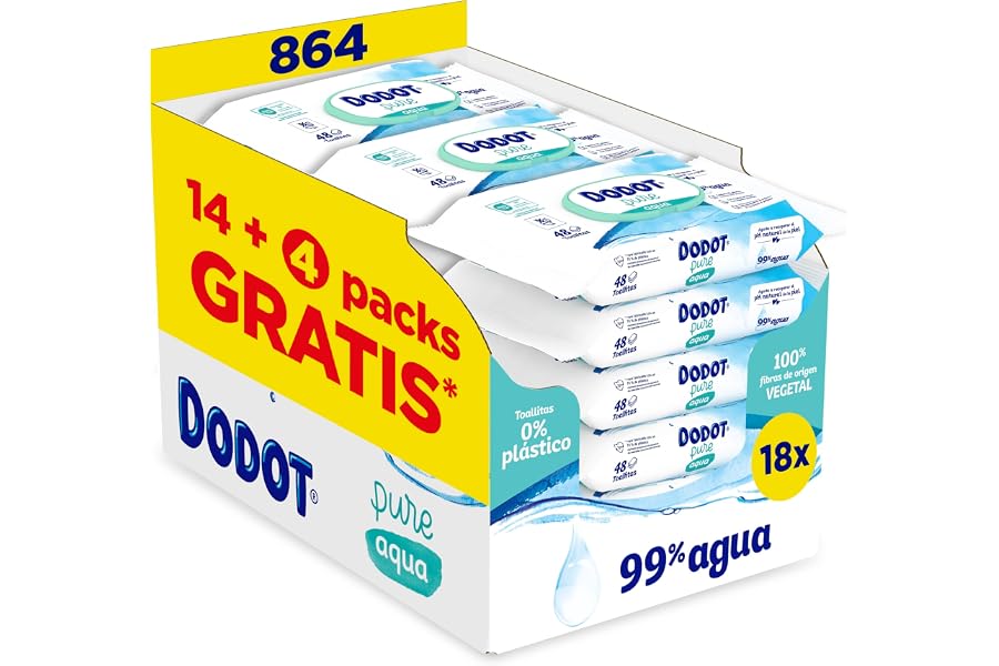 Dodot Toallitas Pure Aqua Para Bebé, 864 Toallitas (18 Packs de 48 Unidades), Ayuda A Restaurar El PH Natural De La Piel, 99%