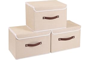 Yawinhe Scatole Portaoggetti con Coperchi Confezione da 3, Cestino Pieghevole con Manico, per Organizzare Vestiti, 38x25x25cm, Beige, SNK018BE